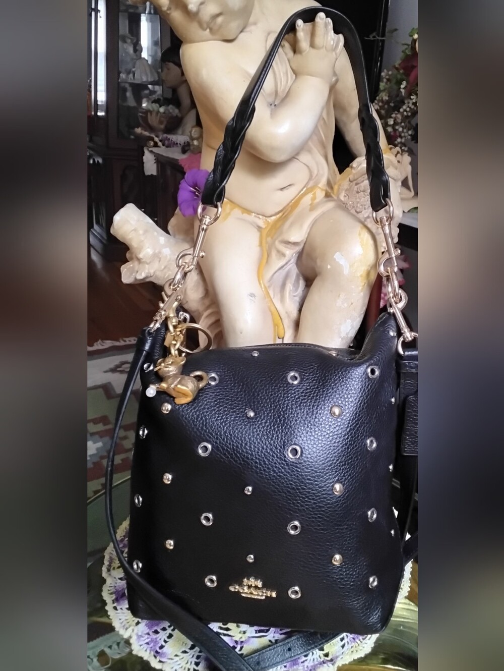 Coach Abby Leather Studded Grommet Crossbody Bag With Coach Cat Charm - Picture 14 of 14